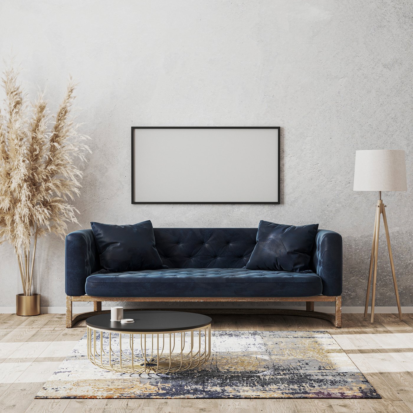 Blank Frame Hanging Over a Living Room Couch 